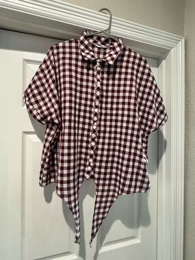 Gingham Button-Front Tie Hem Shirt - Burgundy & White